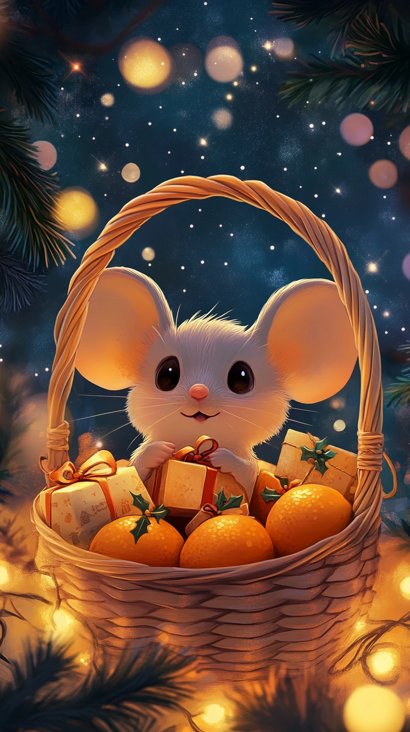 Niedliche Maus in einem festlichen Korb mit Orangen und Geschenken