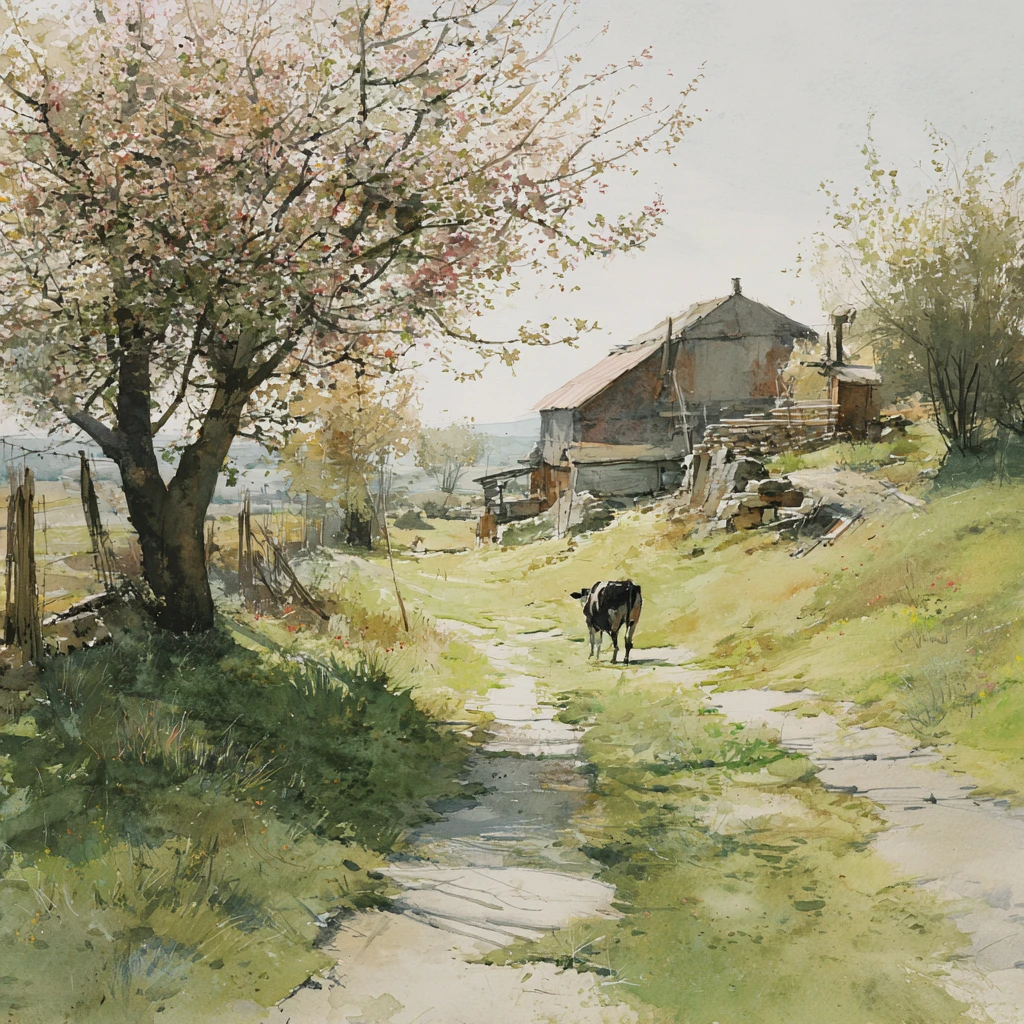Einsamer Wanderer am Rand eines stillen Dorfes