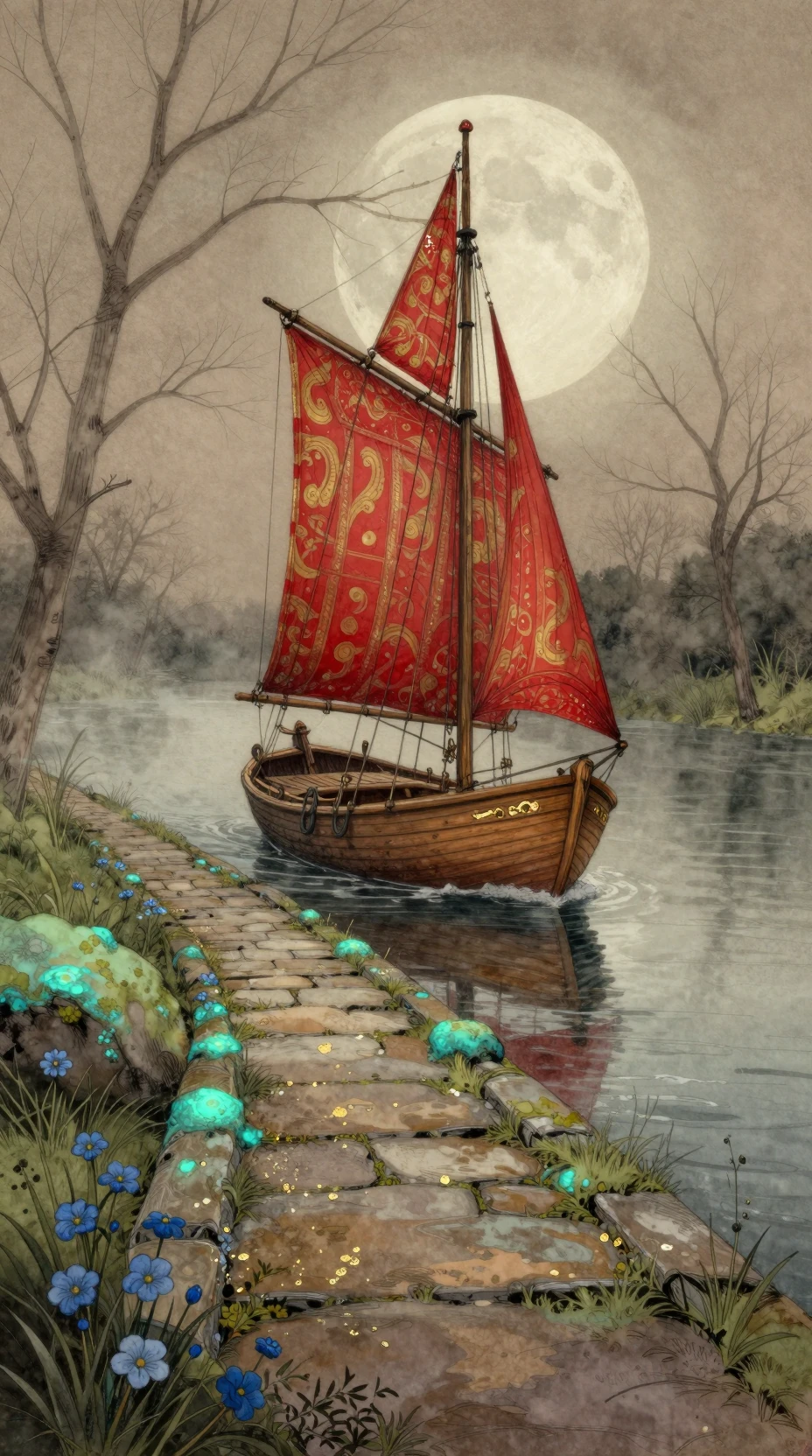 Small wooden sailboat on a misty river under a pale moon