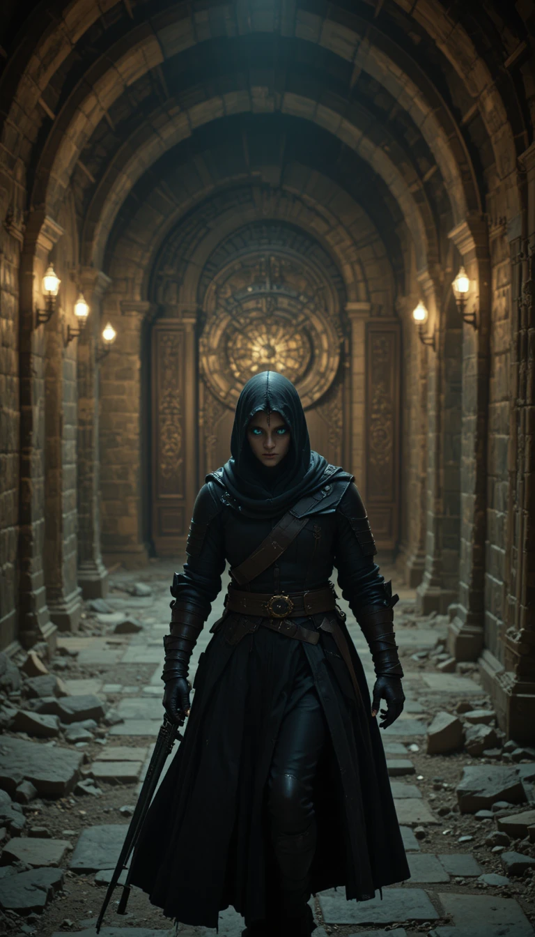 Dark elf rogue stalking a vault through dim corridors