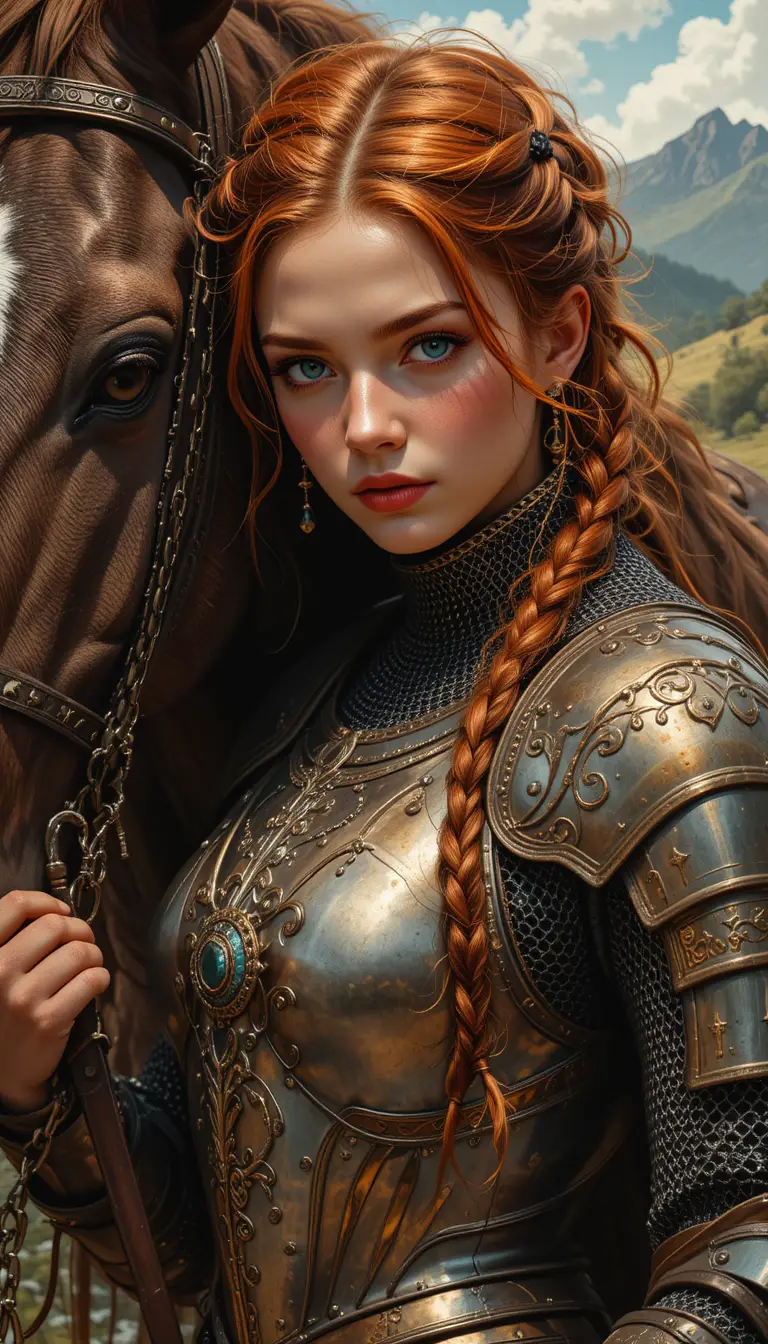 Fierce auburn haired knight beside her armored steed