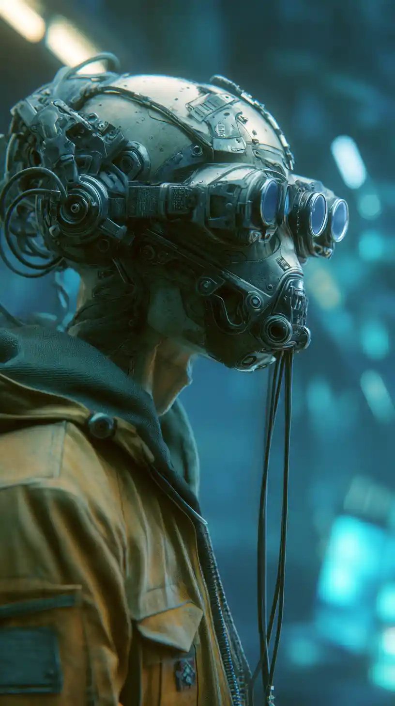 Man With Mechanical Skull Mask In Futuristic Spaceship Room