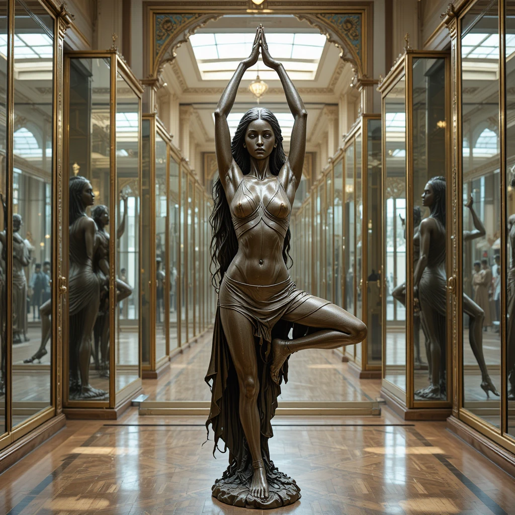 Bronze statue of a long haired girl in yoga pose