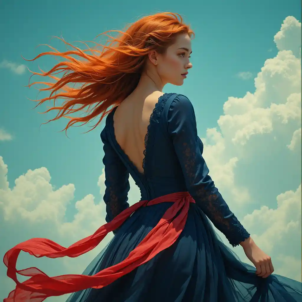 Femme rousse en robe bleu marine face au ciel venteux