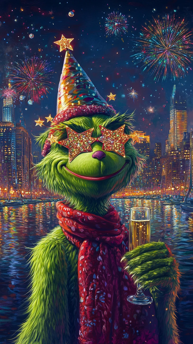 Personaggio in stile Grinch che festeggia il Capodanno con champagne