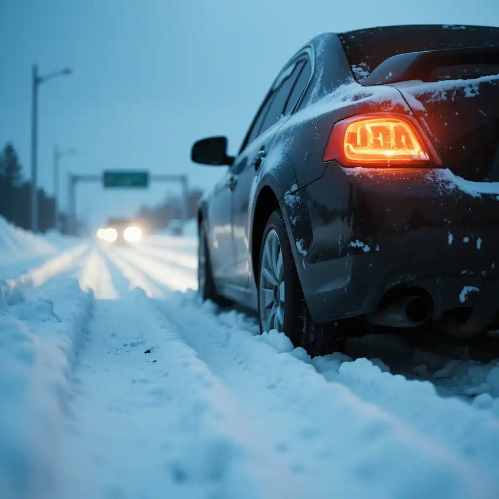 Car Stuck In Deep Snow On A Quiet Winter Highway