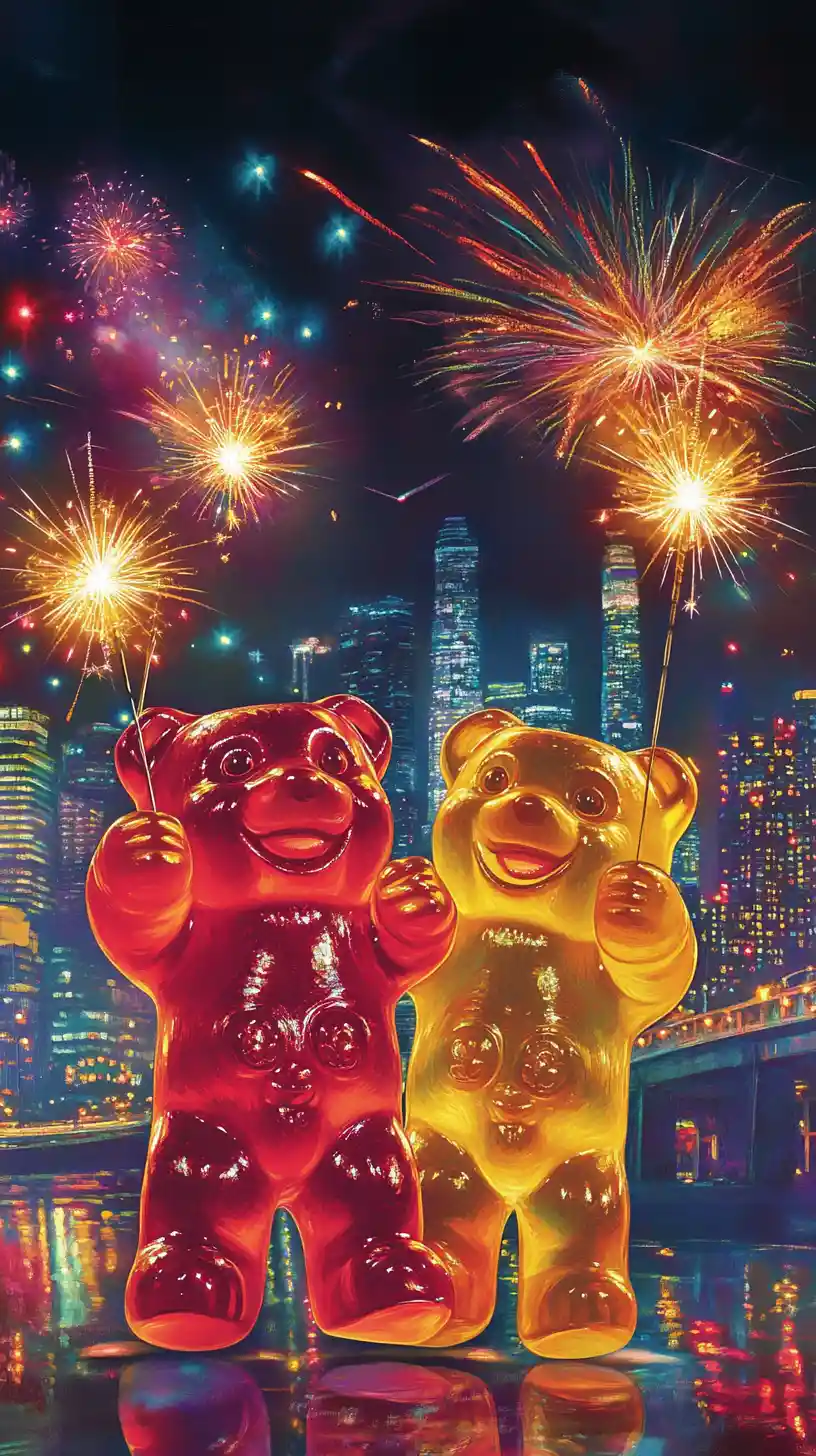 Joyful gummy bears dancing with sparklers over city skyline