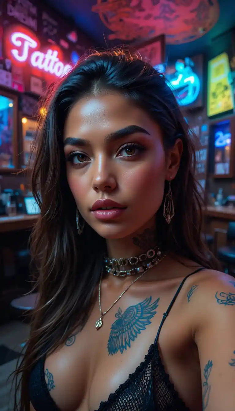Glamorous Brazilian woman selfie in neon lit tattoo studio