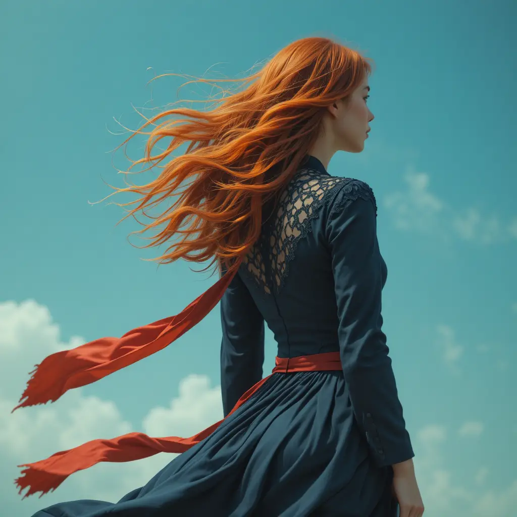 Red haired woman in navy dress facing the windy sky