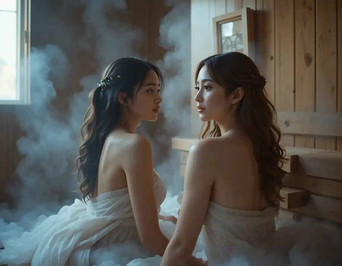 Two women relaxing together in a softly lit wooden sauna