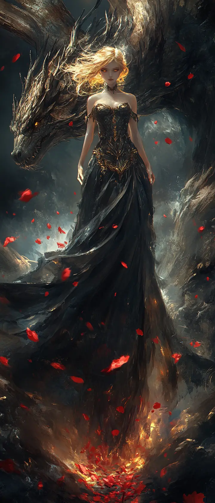 Fiery haired girl standing on a dragon in darkness