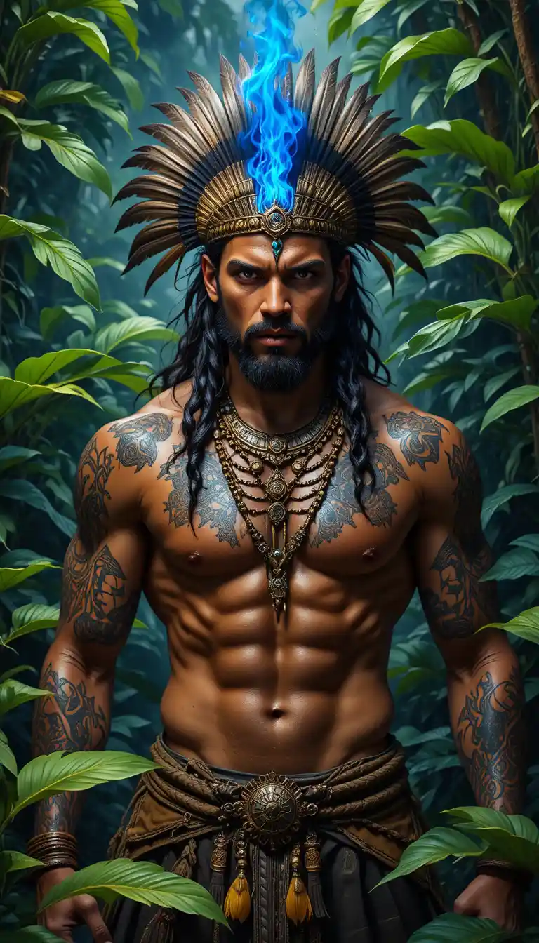Tribal warrior with glowing blue flame in jungle
