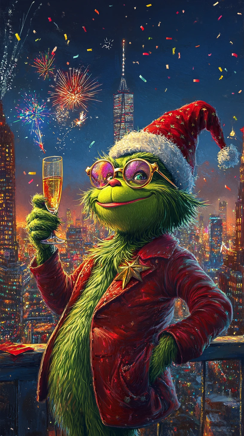 Green grinch like creature partying over city fireworks