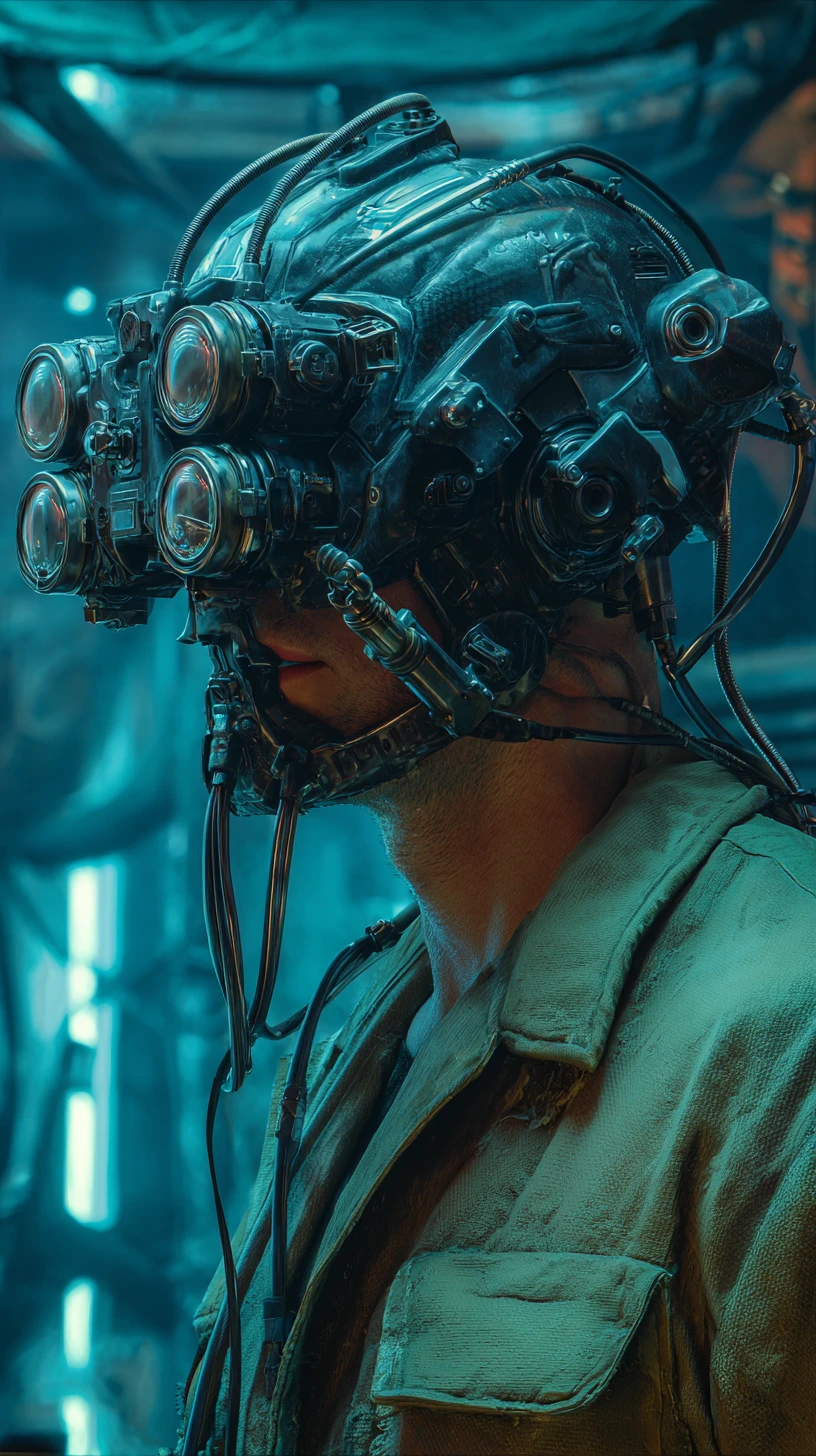Homme cyborg avec lunettes steampunk dans une pièce bleue de vaisseau spatial