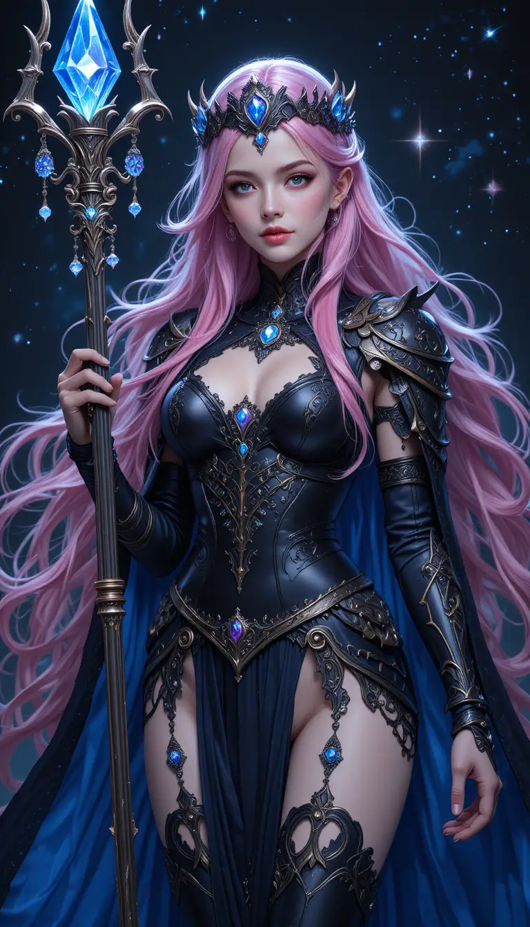 Regal pink haired sorceress in blue and black armor
