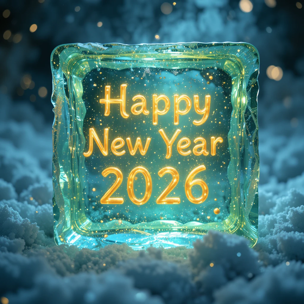 Glowing Happy New Year Text Encased In Crystal Ice