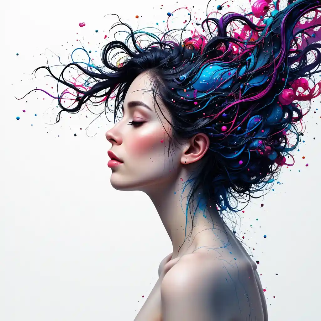 Surreal woman profile with colorful abstract flowing hair