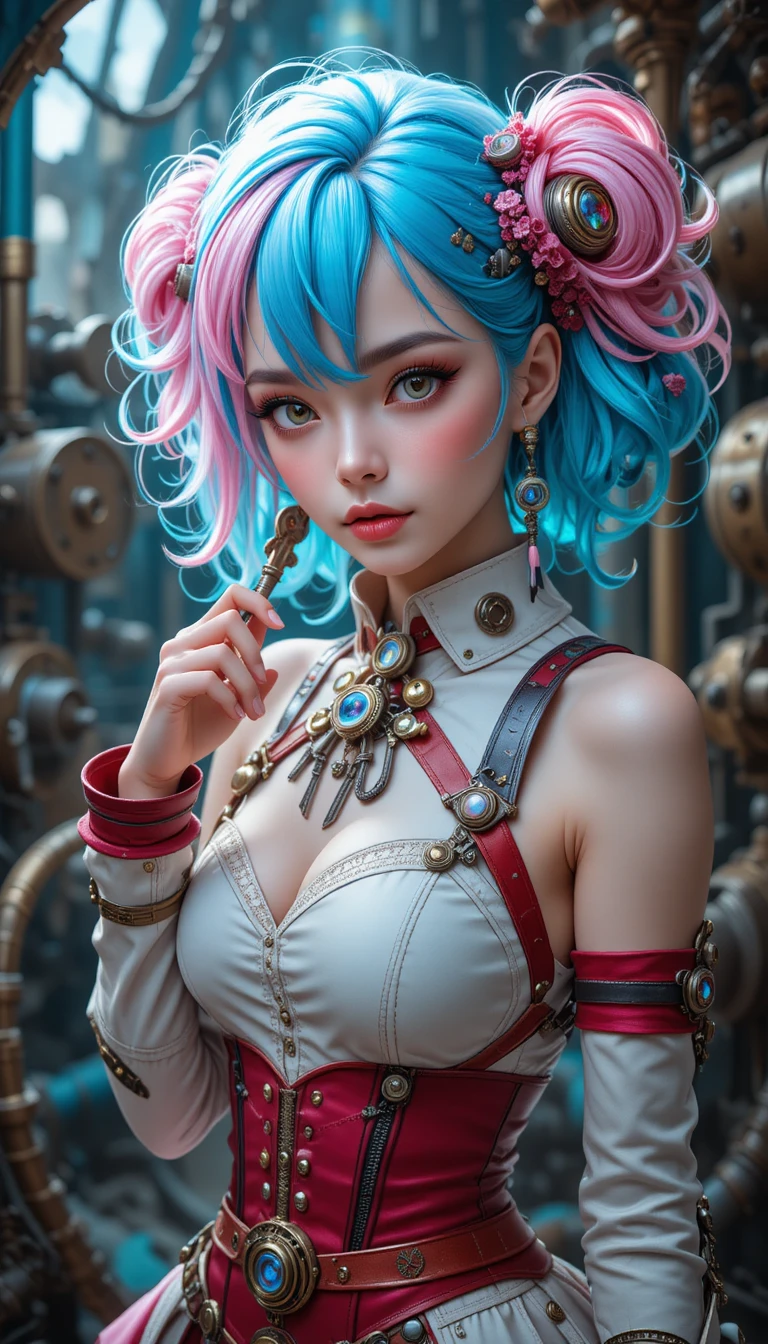 手持鑰匙的夢幻粉彩頭髮蒸汽龐克女子