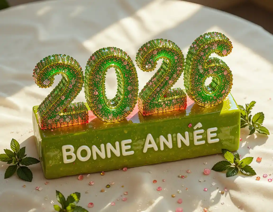 ‘bonne année’ 메시지가 새겨진 2026 디저트 클로즈업