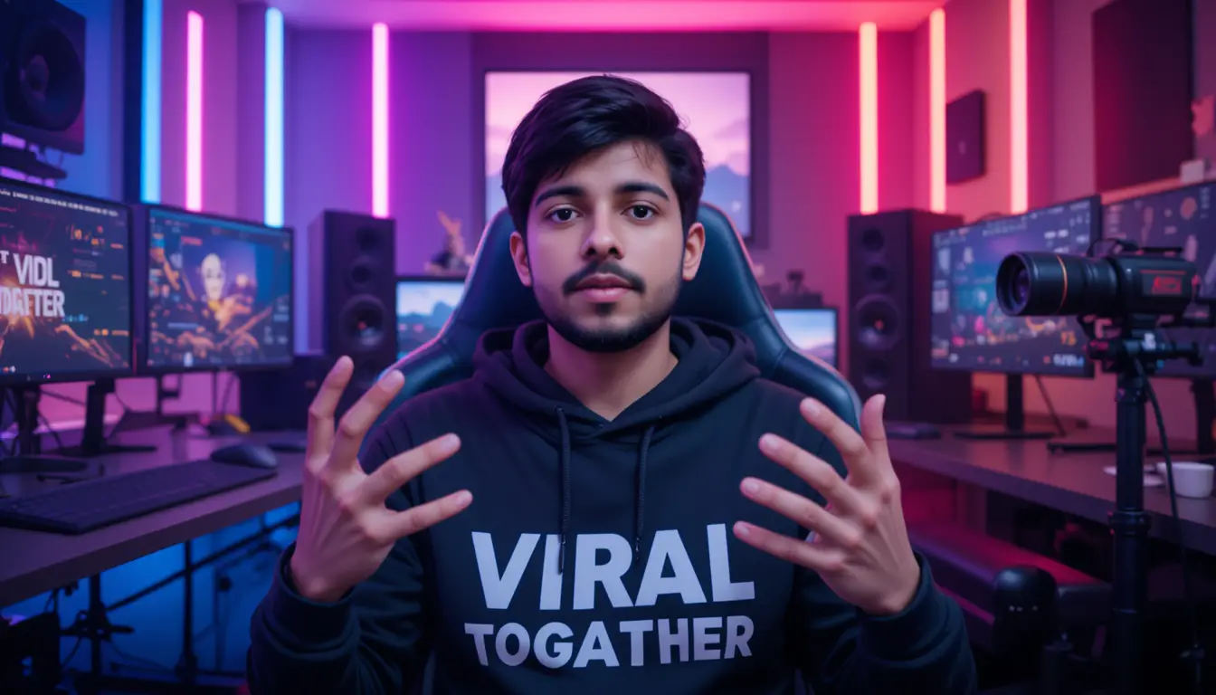 Confident gamer in neon lit studio streaming setup