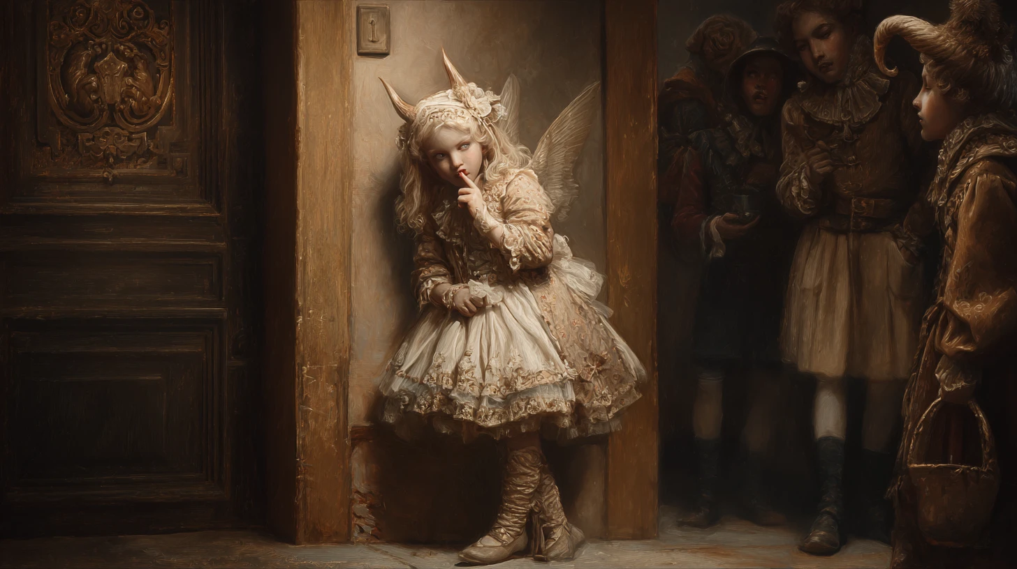 Baroque demon girl in lace and boots in a corner