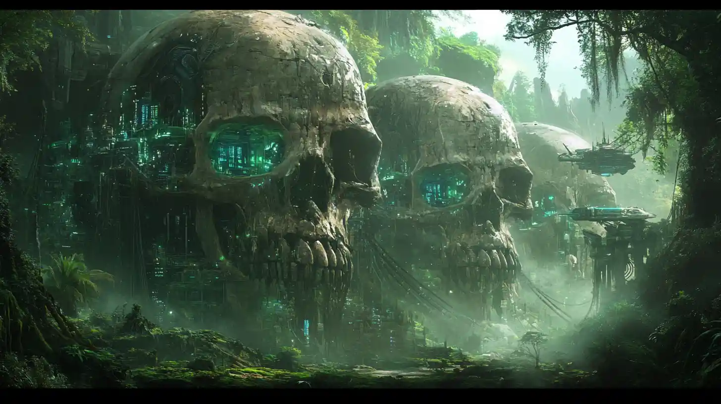 Futuristic Neon Megacities Inside Alien Jungle Skulls