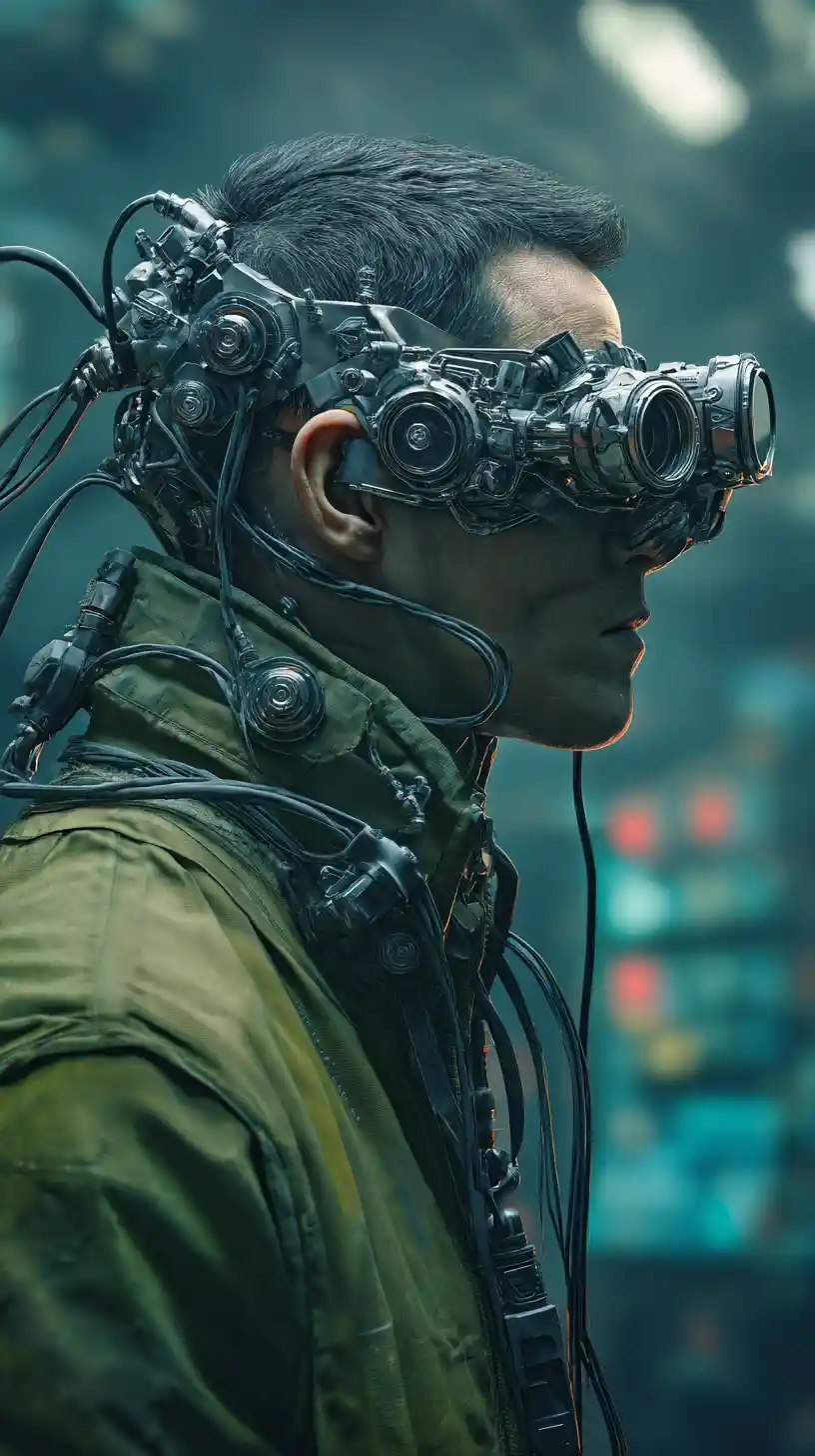 Man With Mechanical Skull Mask In Futuristic Spaceship Room