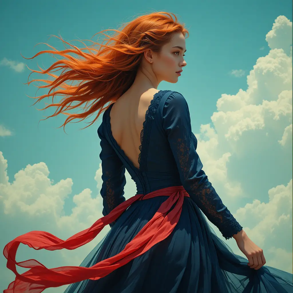 Red haired woman in navy dress facing the windy sky