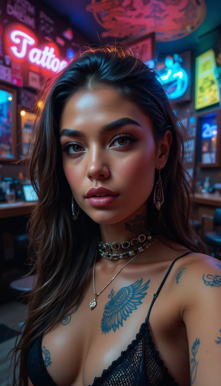 Glamorous Brazilian woman selfie in neon lit tattoo studio