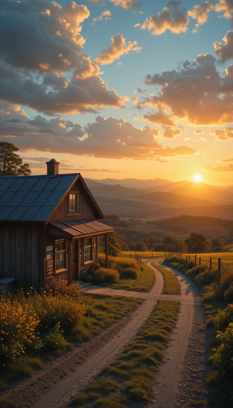 Small countryside grocer on a glowing sunset dirt road