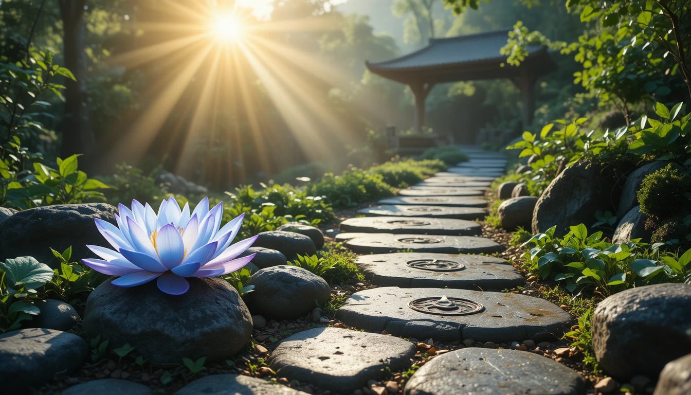 Stone path with blue and white lotus under sunlight