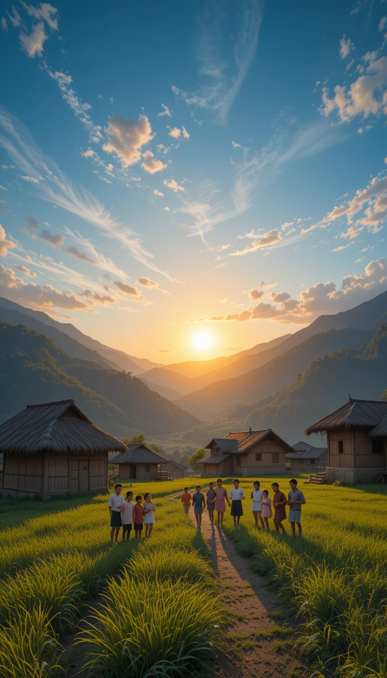 Banda di un villaggio nepalese che suona al tramonto tra campi verdi