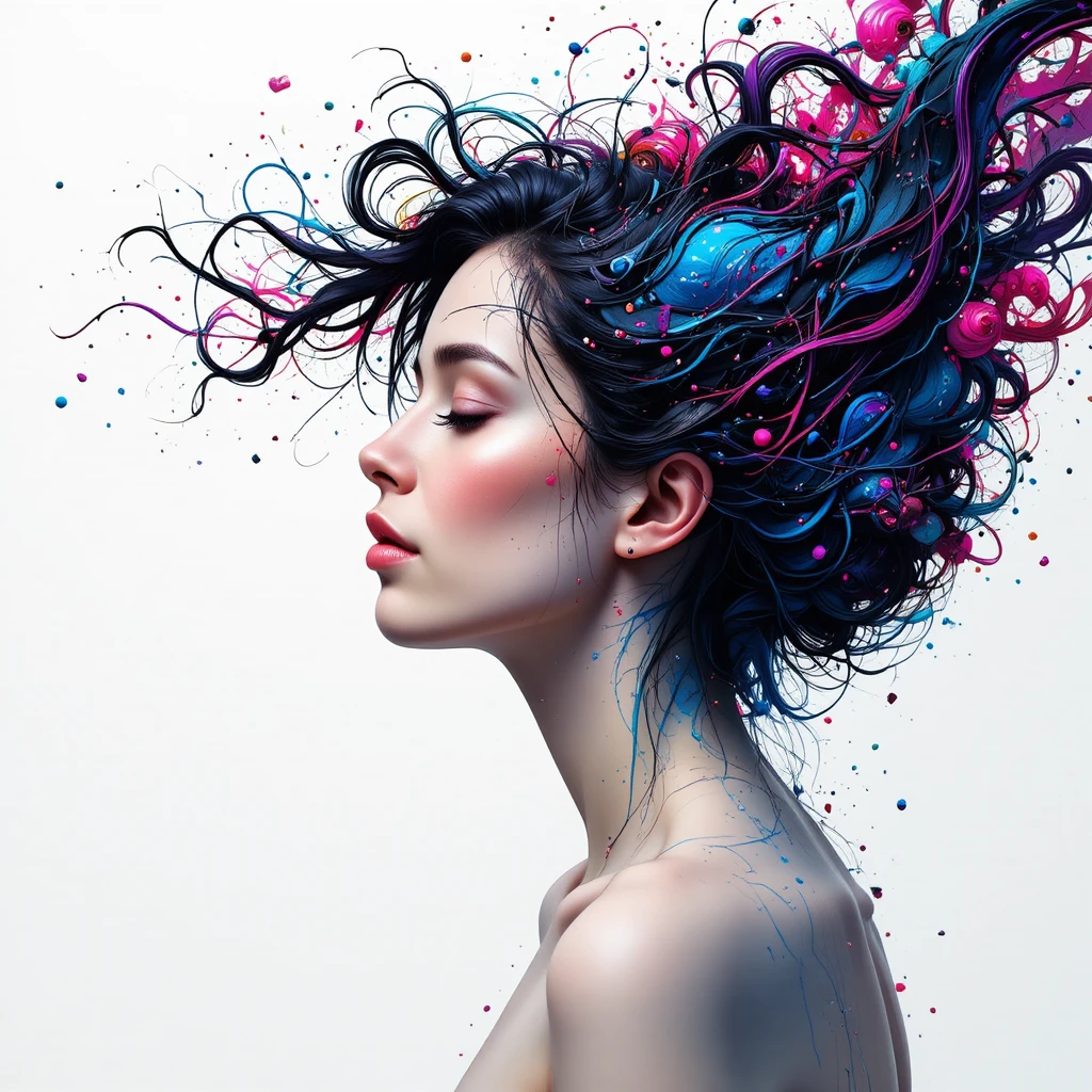 Surreal woman profile with colorful abstract flowing hair