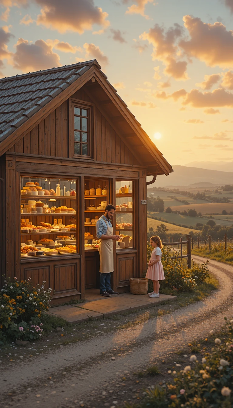 Warm sunset at a small countryside bakery with father and daughter
