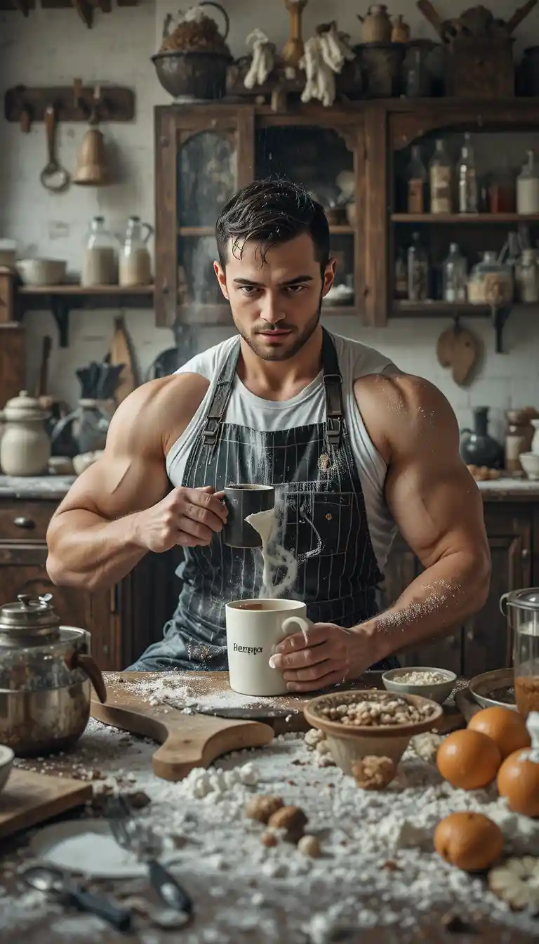 Muscular chef making coffee in a cluttered vintage kitchen