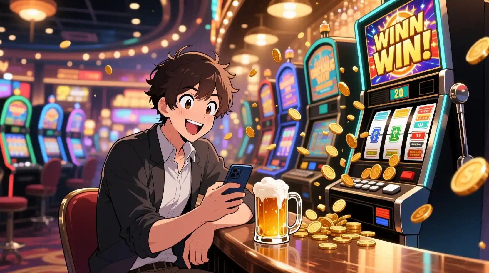 Young anime man at a casino bar checking his phone