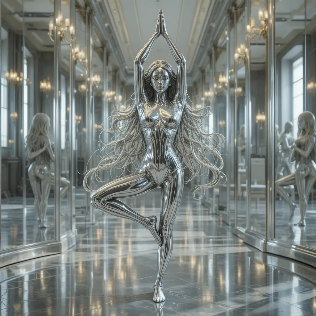 Silver statue girl in yoga pose within mirror room
