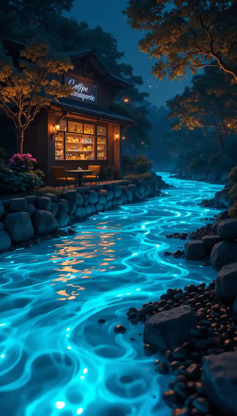 Biolumineszenter Kaffeefluss neben leuchtenden Kaffeebohnen