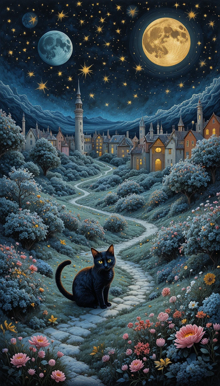 Chat silencieux errant dans un jardin magique d’étoiles en hiver