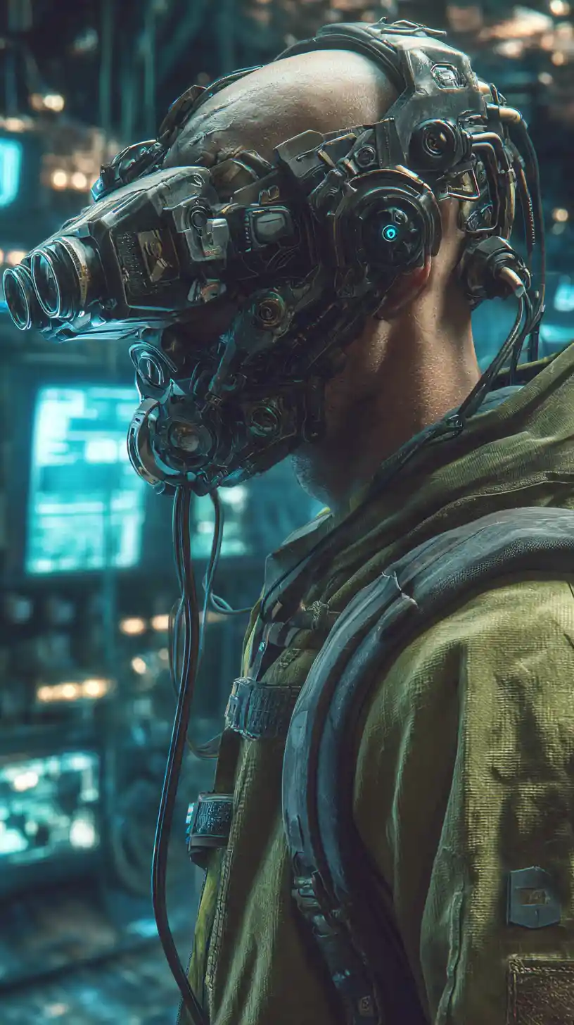 Uomo con occhiali cyberpunk all’interno di un’astronave futuristica