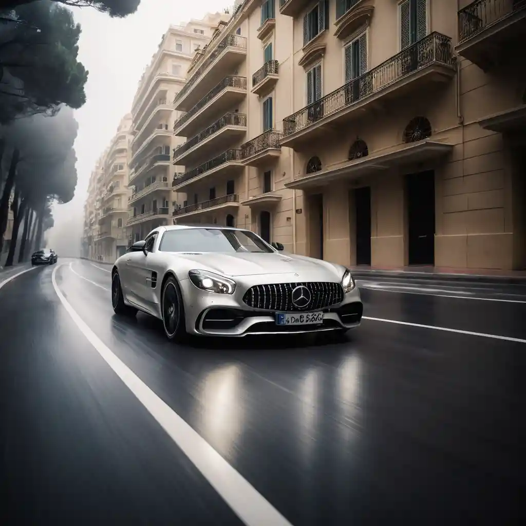 Mercedes Cinématographique dans une Rue Brumeuse de Monaco