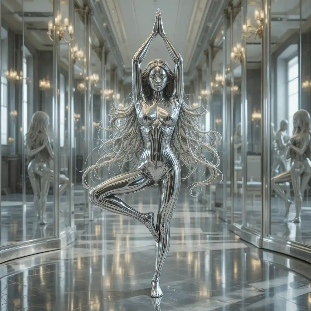 Silver statue girl in yoga pose within mirror room