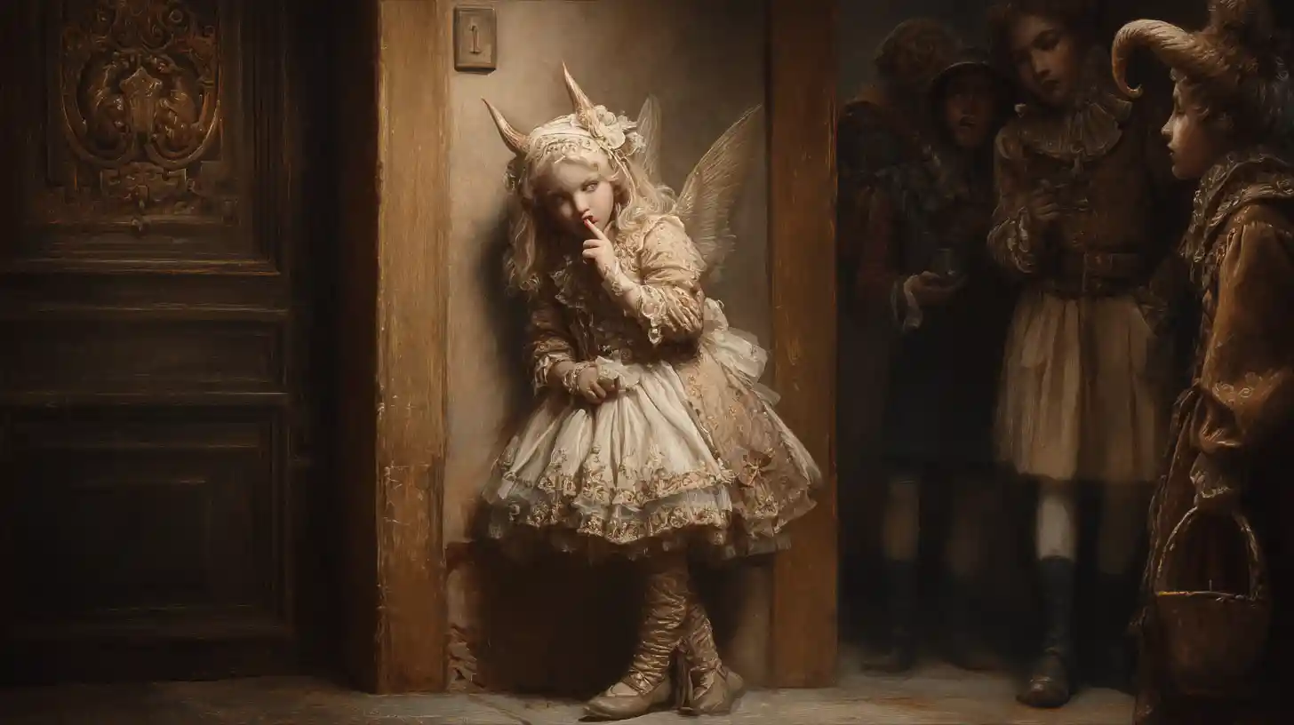 Baroque demon girl in lace and boots in a corner