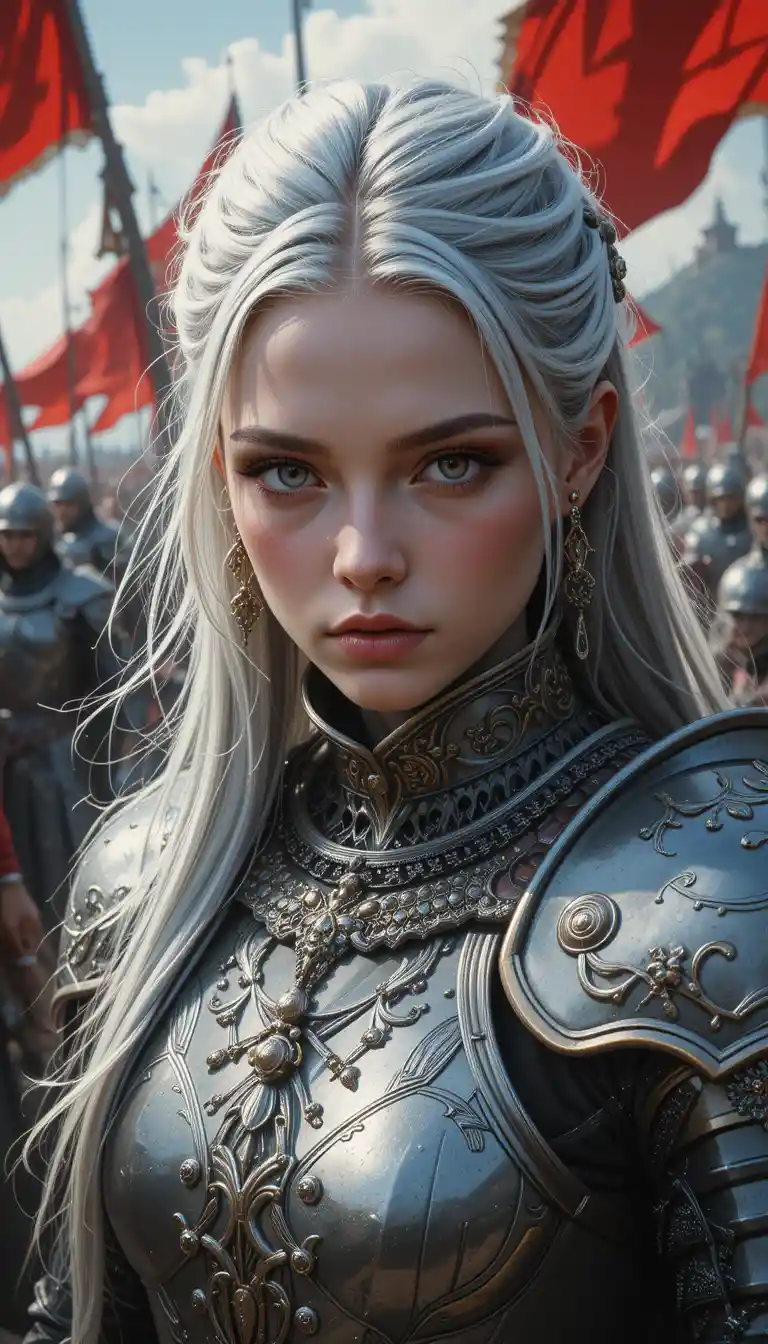 Silver haired nordic knight in a dramatic medieval tournament