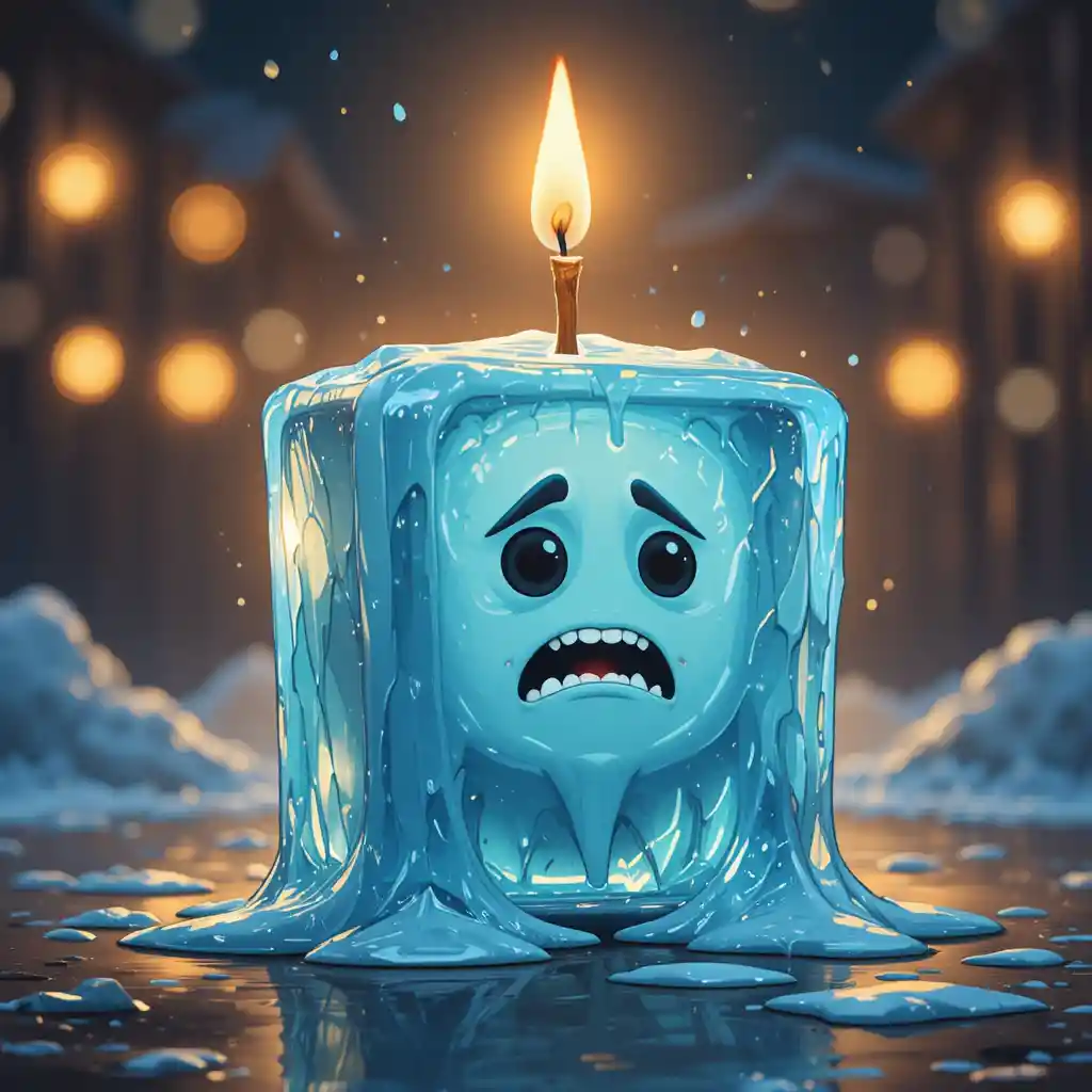 Melting Ice Cube Character With Wick In Vector Style