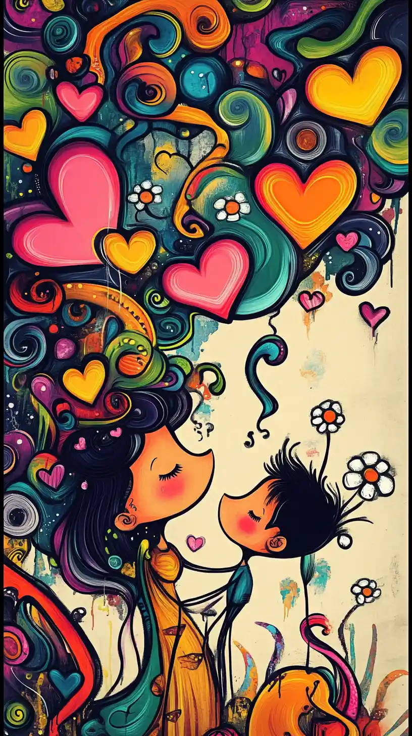 Illustration d’amour naïve et colorée avec cœurs et coucher de soleil sur la mer