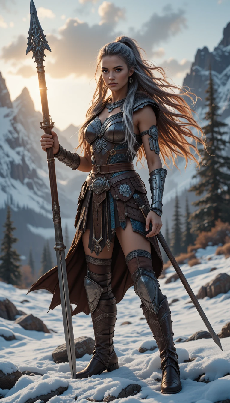 Valkyrie warrior woman in armor on snowy mountains