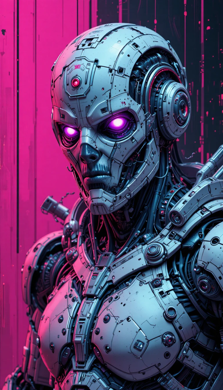 Robot cyberpunk aux yeux néon dans une lueur futuriste rose