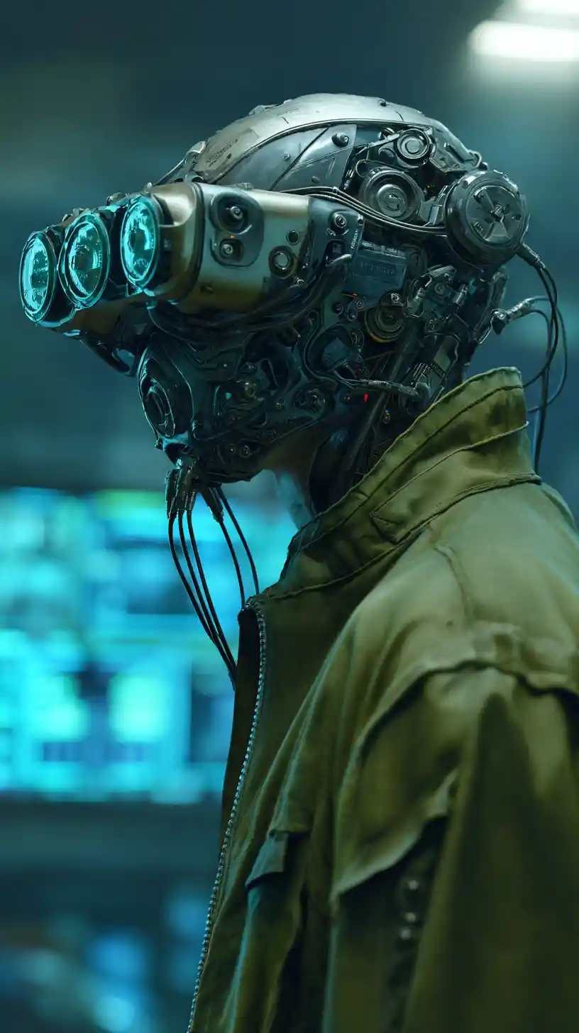 Uomo con occhiali futuristici e maschera respiratoria meccanica a forma di teschio