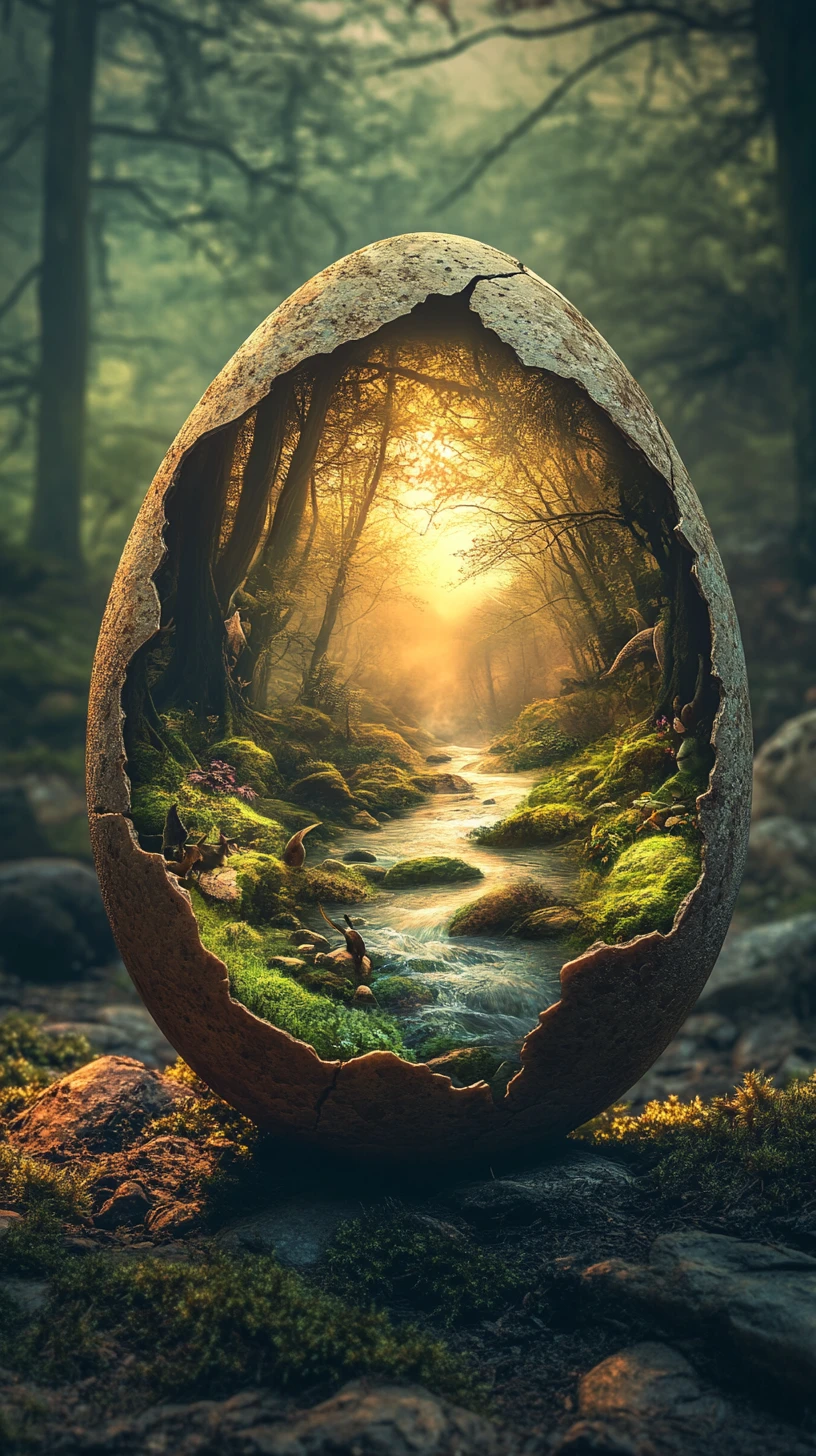 Surreal Cracked Egg Window Opening Into Enchanted Forest World